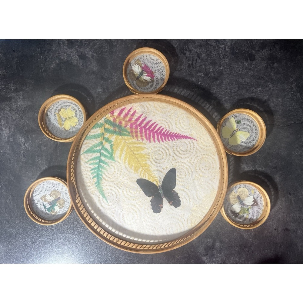 Vintage Retro Pressed Butterfly Bamboo Coasters W/ Serving Tray